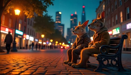 Two Foxes Sitting on a Park Bench in a Vibrant City at Night