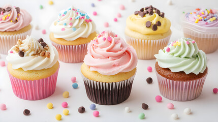 Colorful cupcakes with decorative frosting and sprinkles on white background