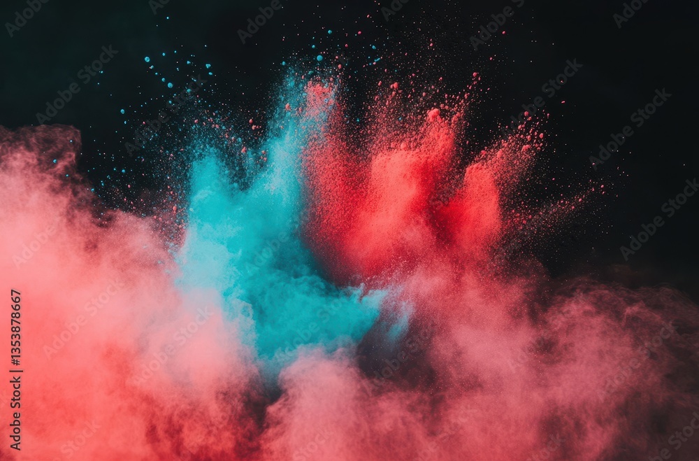 Poster vivid explosion of red and blue powder in dark background, creating dynamic abstract art with colorf