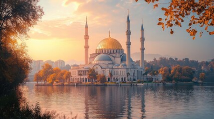 Obraz premium Golden Mosque Sunrise Reflection, Autumn Lake
