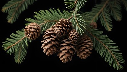 Close-up shot of pine branches with pine cones hanging from them, set against a black background, soft diffused lighting, natural color palette, shot with a macro lens