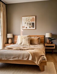 A serene retreat featuring a textured taupe accent wall, a low-profile honey wood bed