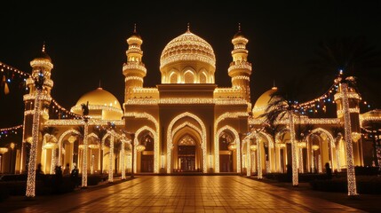 Obraz premium Magnificent mosque illuminated with lights at night exudes architectural grandeur