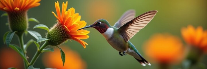 Fototapeta premium Hummingbird hovering near a vibrant orange flower, with blurred green foliage in the background