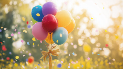 Rainbow balloon bouquet with golden ribbon, surrounded by pastel confetti, symbolizing joy and celebration of childhood.