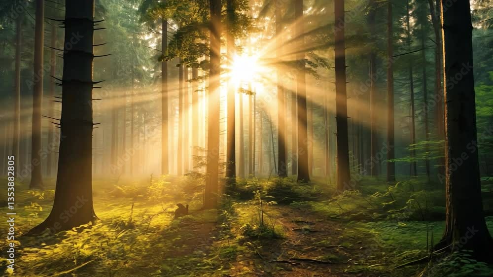 Poster sunlit forest: the sun's rays filter through a dense forest canopy, creating a mystical and serene a