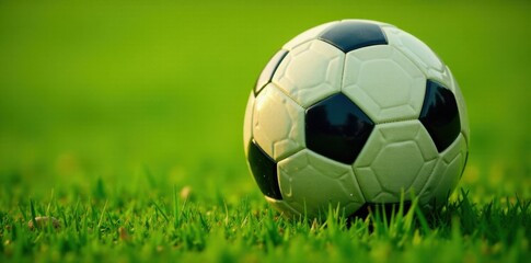 Obraz premium Close-up of soccer ball's panels on verdant grass, natural scenery, green