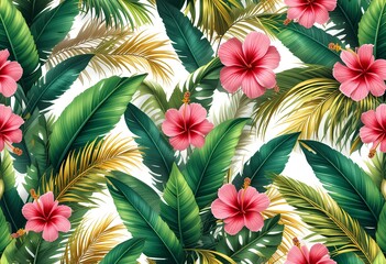 Tropical Paradise Pattern with Banana Leaves, Hibiscus Flowers, and Palm Fronds on White Background