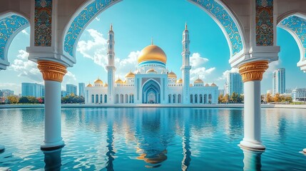 Naklejka premium Sunlit Mosque reflected in tranquil water, city backdrop