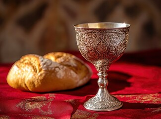 Silver Chalice and Loaf of Bread on Red Fabric Background Still Life