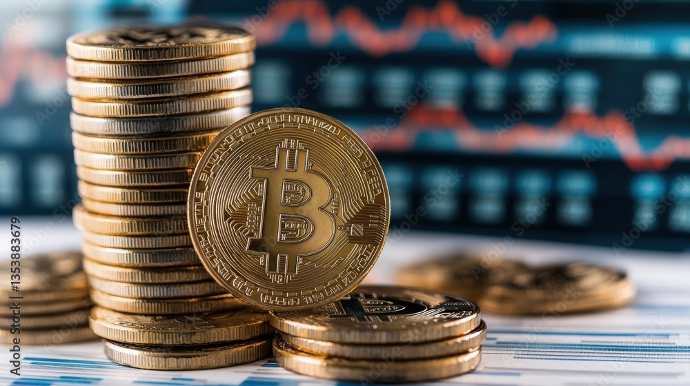 Poster a single bitcoin coin positioned in front of a stack of bitcoin coins atop a financial chart depicti