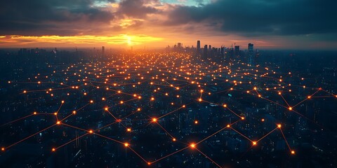 City lights and interconnected data streams against a sunset
