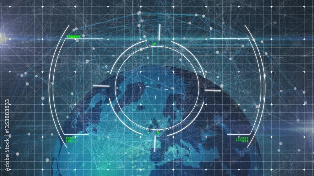 Poster global network connections and data processing animation over earth from space