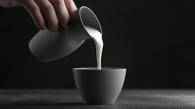 Cream pouring into bowl, dark background.