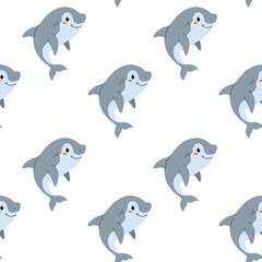 Obraz premium Cute cartoon sharks swimming playfully against a white background in a fun and whimsical pattern