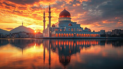 Sunrise reflects on coastal mosque, city skyline