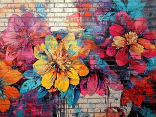 A vibrant floral graffiti explosion on a weathered brick wall. The street art style captures bright, bold flowers intertwining with abstract elements, creating  