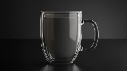 Double-walled glass mug, dark beverage.