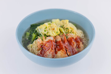 Egg Noodles with Roast Red Pork, Egg Noodle Soup with Red Roasted Pork Soup, steaming bowl of egg noodles in a rich broth, topped with tender roasted red pork, Thaifood