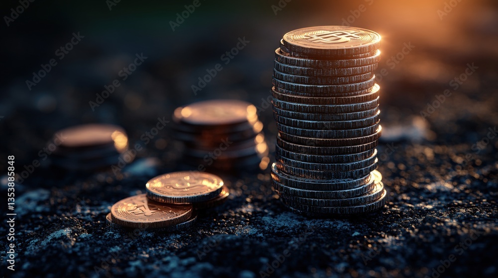 Poster a tall stack of coins on a dark textured surface with smaller stacks and loose coins surrounded by t