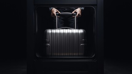 Obraz premium Elegant silver suitcase, hands gripping handle.