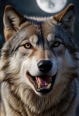 Fototapeta premium Close-up shot of a gray wolf's face with its mouth open howling at the moon, mouth open, howling wolf
