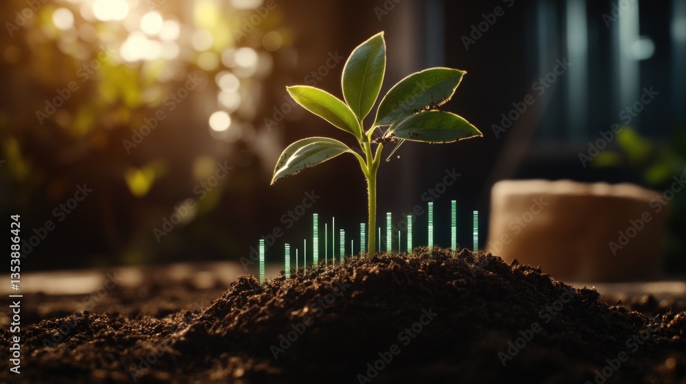 Aufkleber a small green plant sprouting from rich soil surrounded by translucent green bar graphs representing