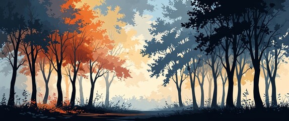 Peaceful Grove of Silhouetted Trees in Dusky Abstract Oil Painting