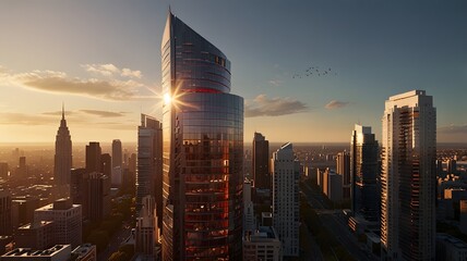 Aerial View of a Modern City Skyline at Sunset