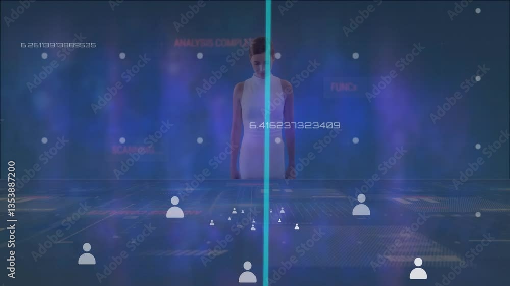 Aufkleber interacting with animation, woman exploring digital network and data visualization