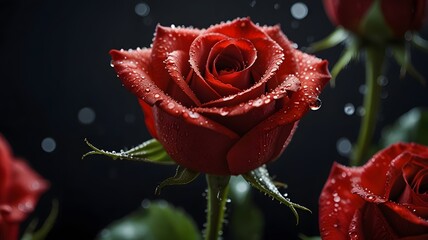 Breathtaking Extreme Close-up of a Red Rose with Dewdrops
