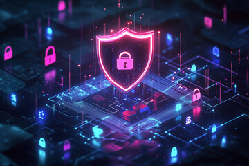 Photo of a dark background with a glowing holographic shield protecting IoT devices. Digital security icons like padlocks, firewalls, and encrypted data streams surrounding a smart home hub.