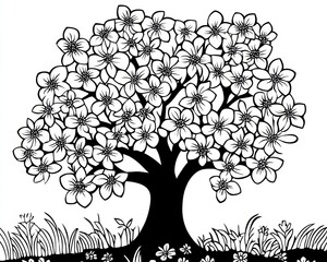 Black and white illustration of a blossoming tree with flowers and grass