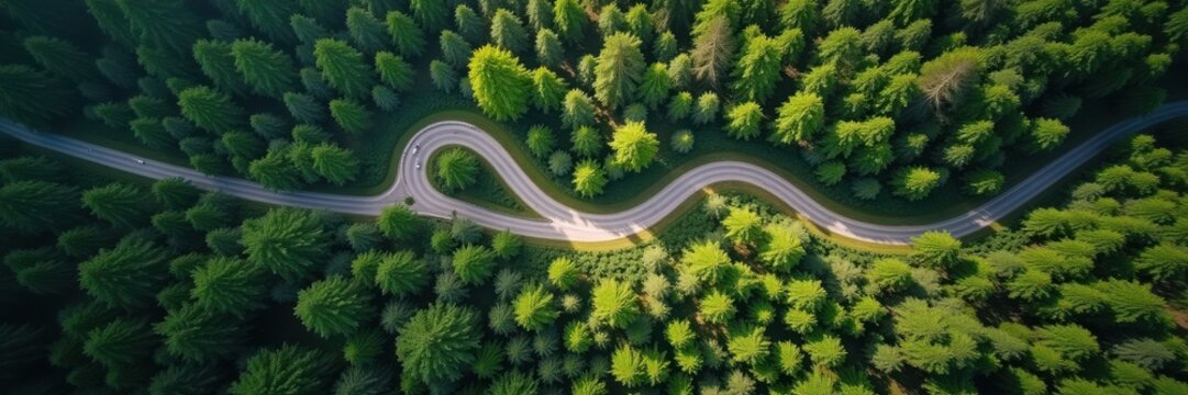 Aerial view of a winding mountain road surrounded by lush, dense forest - Powered by Adobe