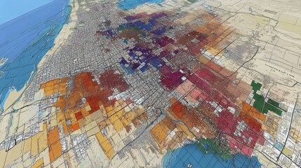 Naklejka premium Aerial View of Urban Development and Land Use in a Coastal City: A Detailed Geographic Information System Map