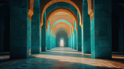 Fototapeta premium Sunlit Turquoise Moroccan Mosque Colonnade