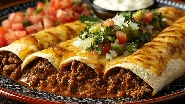 Delicious beef enchiladas with tortillas, cheese, fresh salsa, and cilantro create satisfying meal bursting with vibrant flavors.