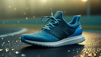 Close-up of a Blue Running Shoe with Water Droplets on a Track