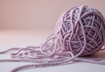 Pastel pink yarn ball on smooth surface, with strands gracefully trailing off. The soft color and texture invite crafting, knitting, or crochet activities in a cozy indoor space