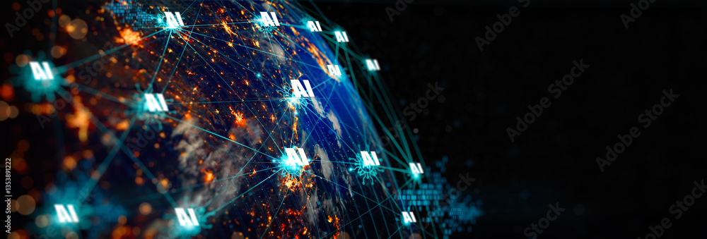 Poster AI-powered World Network concept, Abstract artificial intelligence global network connection. Digital technology lline composition concept of global business.