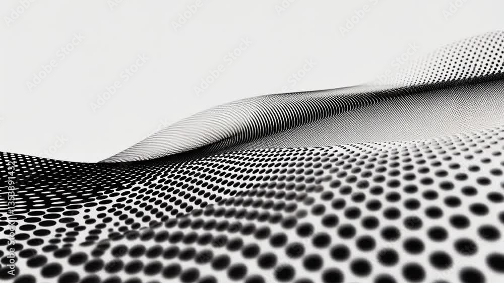 Poster flowing black gradient wave pattern with halftone dots and curves generative ai