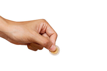 A man hand holding coin isolated on white background