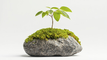 small tree grows on moss covered rock, symbolizing resilience and nature beauty. This serene scene captures essence of growth and harmony
