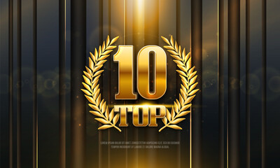 Top 10 award poster. Presentation 10 best with golden laurel wreath and bokeh effect. Vector illustration.