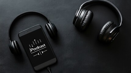 Overhead view of headphones and a mobile phone with "Podcast" text on the screen