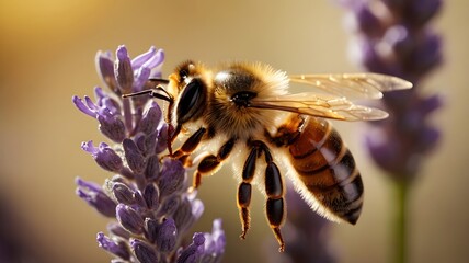 Close-Up of a Honey Bee Pollinating Lavender Flower