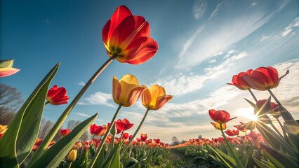 Low angle view of blooming tulips in sunlight