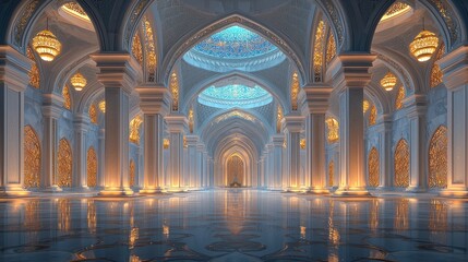 Illuminated Palace Hallway, Islamic Architecture, Interior Design