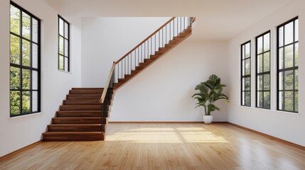 Modern interior design featuring elegant staircase bright room architectural photography minimalist style wide angle view