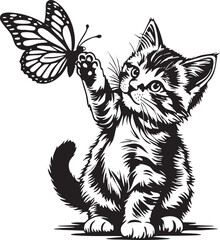 Kitten and Butterfly Black SVG Vector Outline